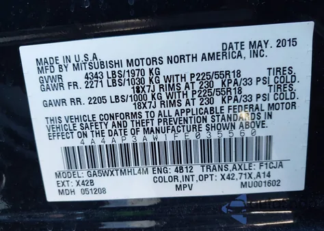 2015 Mitsubishi Outlander Sport Es from USA, damaged, VIN 4A4AP3AW1FE035560